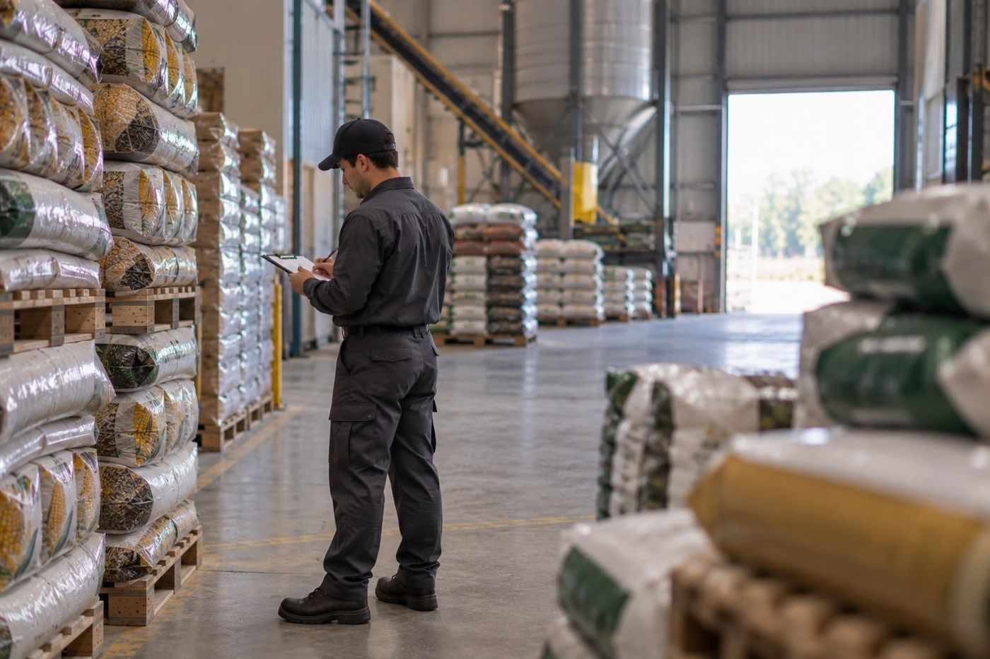 Técnico completando una planilla de inspección en un depósito de granos